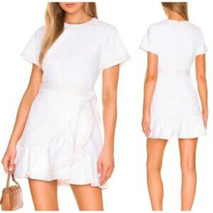 Cinq a Sept Dress Womens 6 White Denim Josi Faux‎ Wrap Mini Ruffle Cotton
